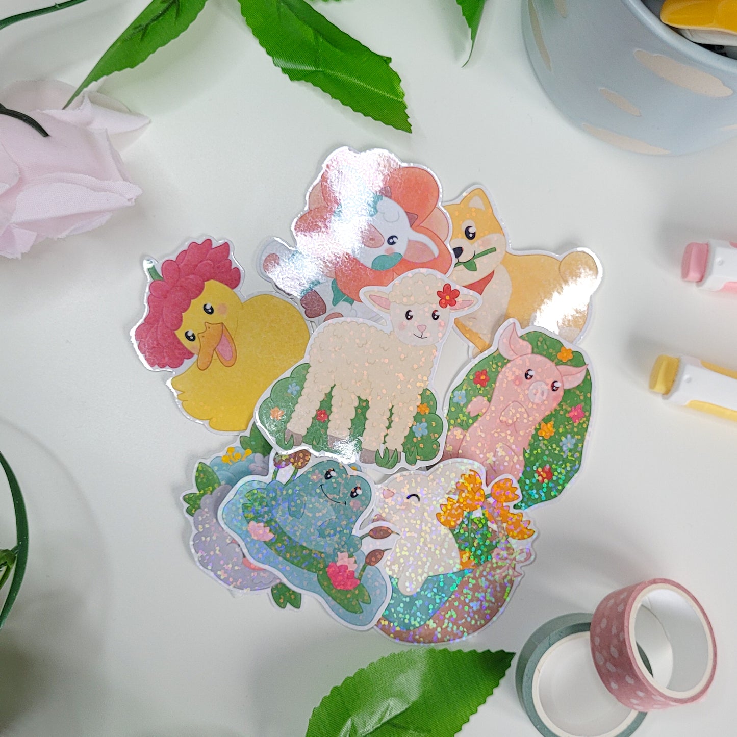 Cute holographic sticker of a lamb with flowers