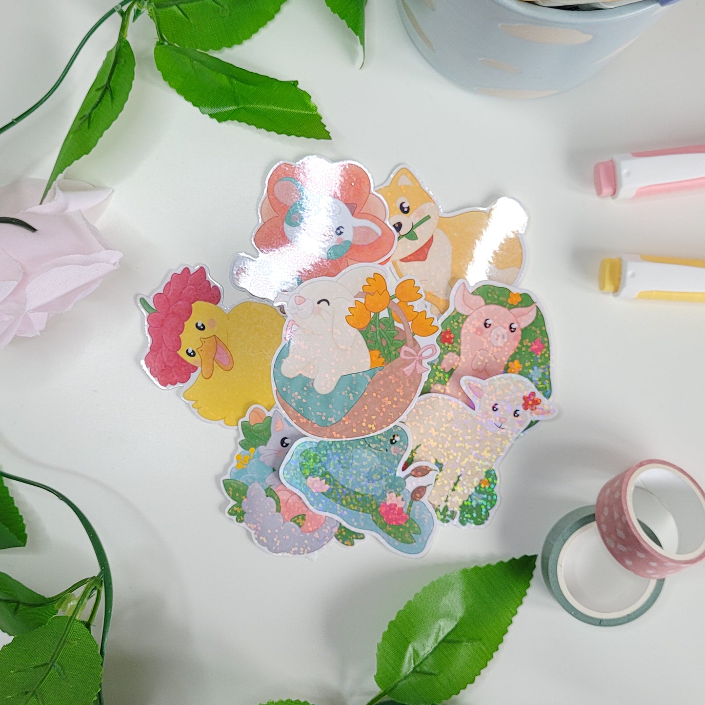 Cute holographic sticker of a bunny in a basket with tulips