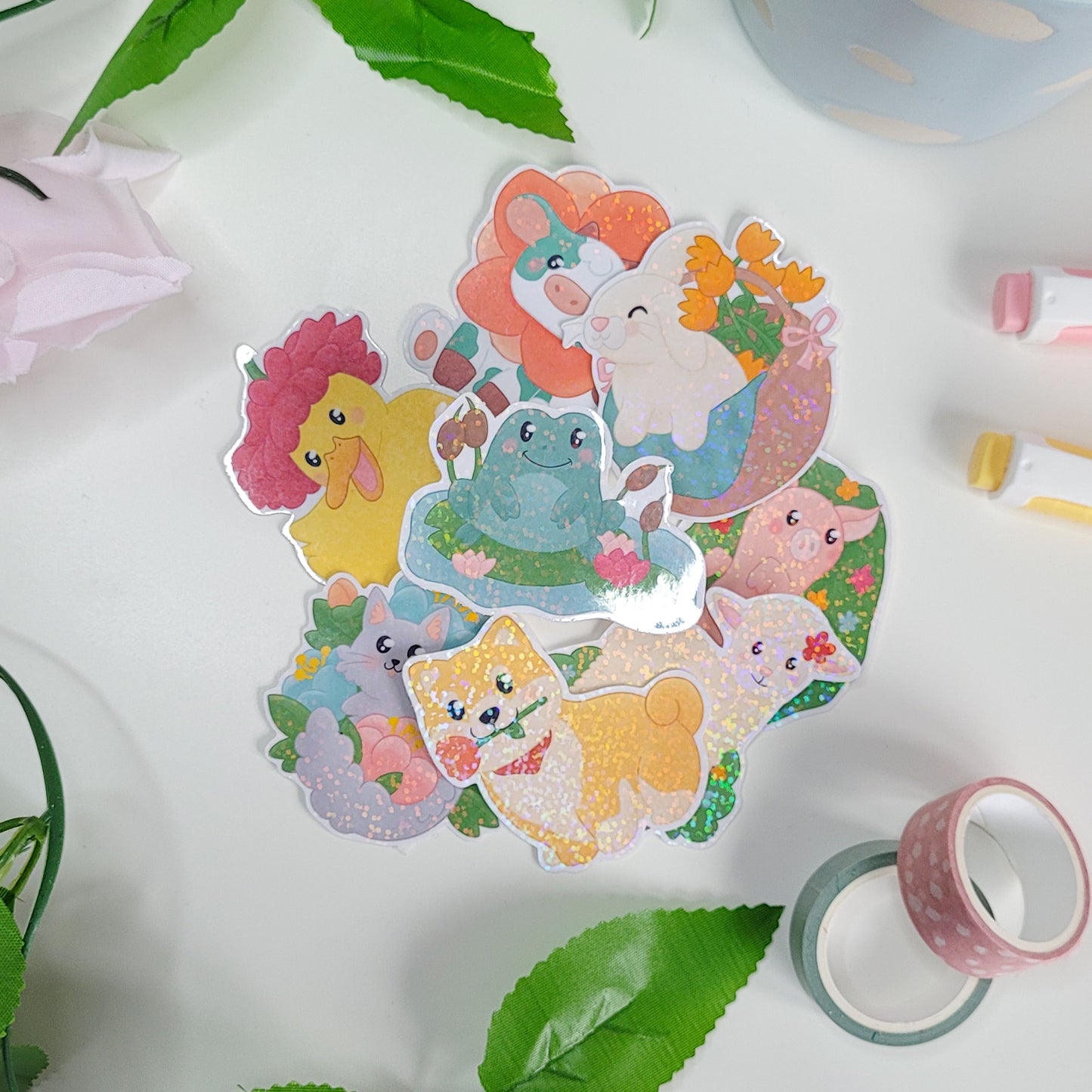 Cute holographic sticker of a frog on a lily pad