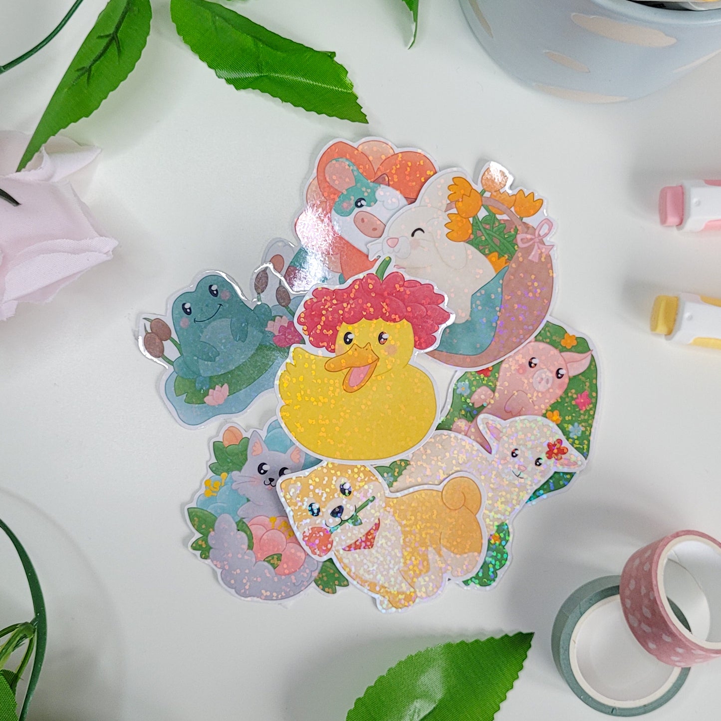 Cute holographic sticker of a duck with a flower on it's head