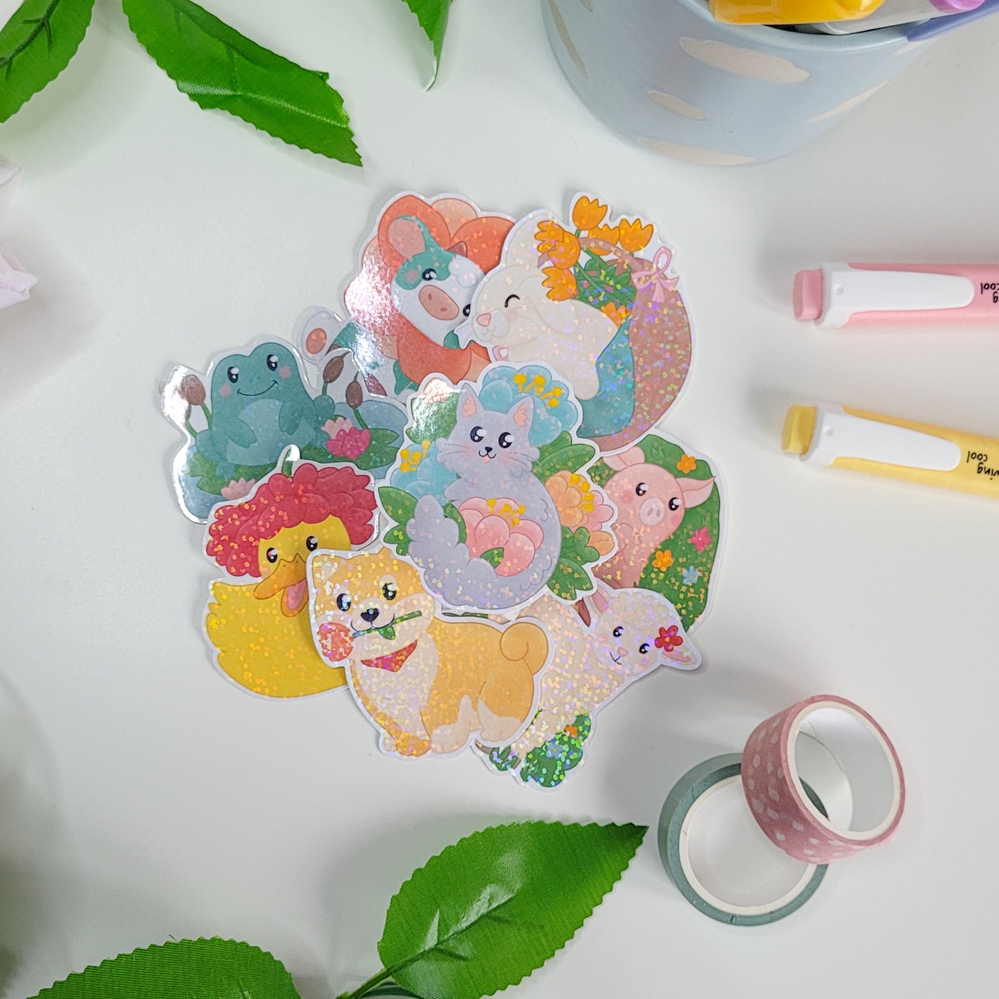 Cute holographic sticker of a cat surrounded by flowers