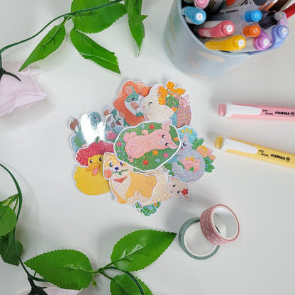 Cute holographic sticker of a pig rolling in flowers