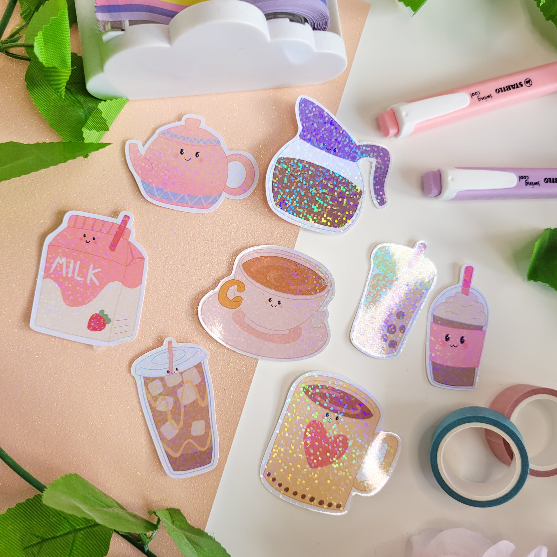 cute holographic coffee and drink themed stickers