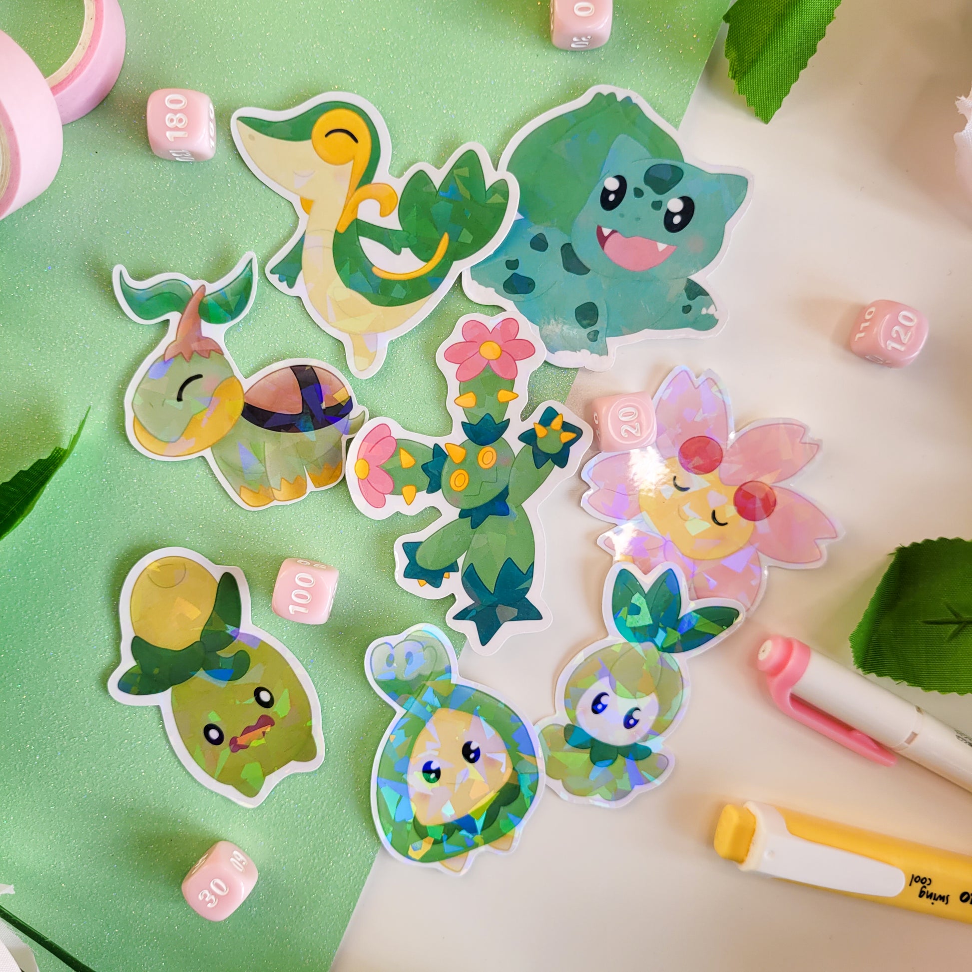 Grass type pokemon sticker pack featuring 8 different stickers