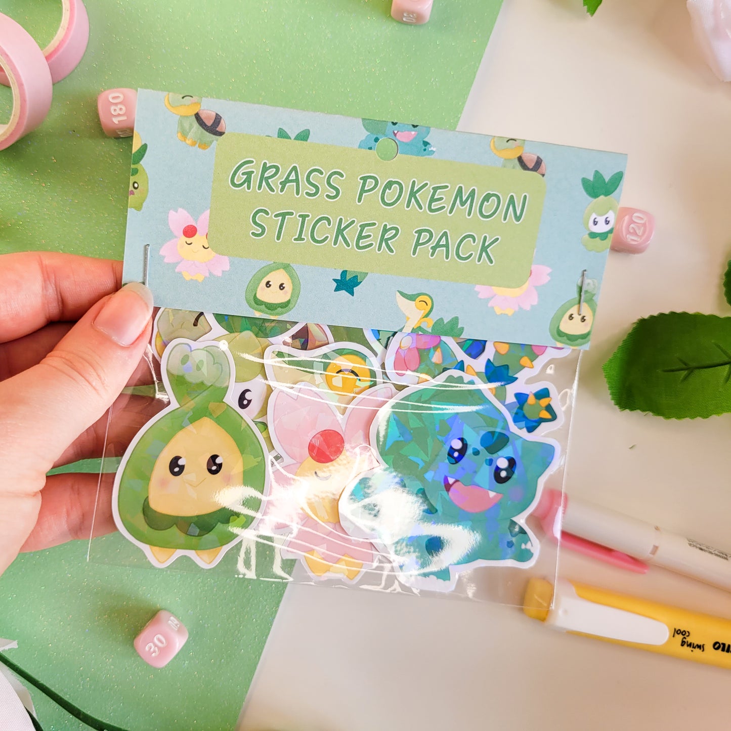 Grass type pokemon sticker pack featuring 8 different stickers