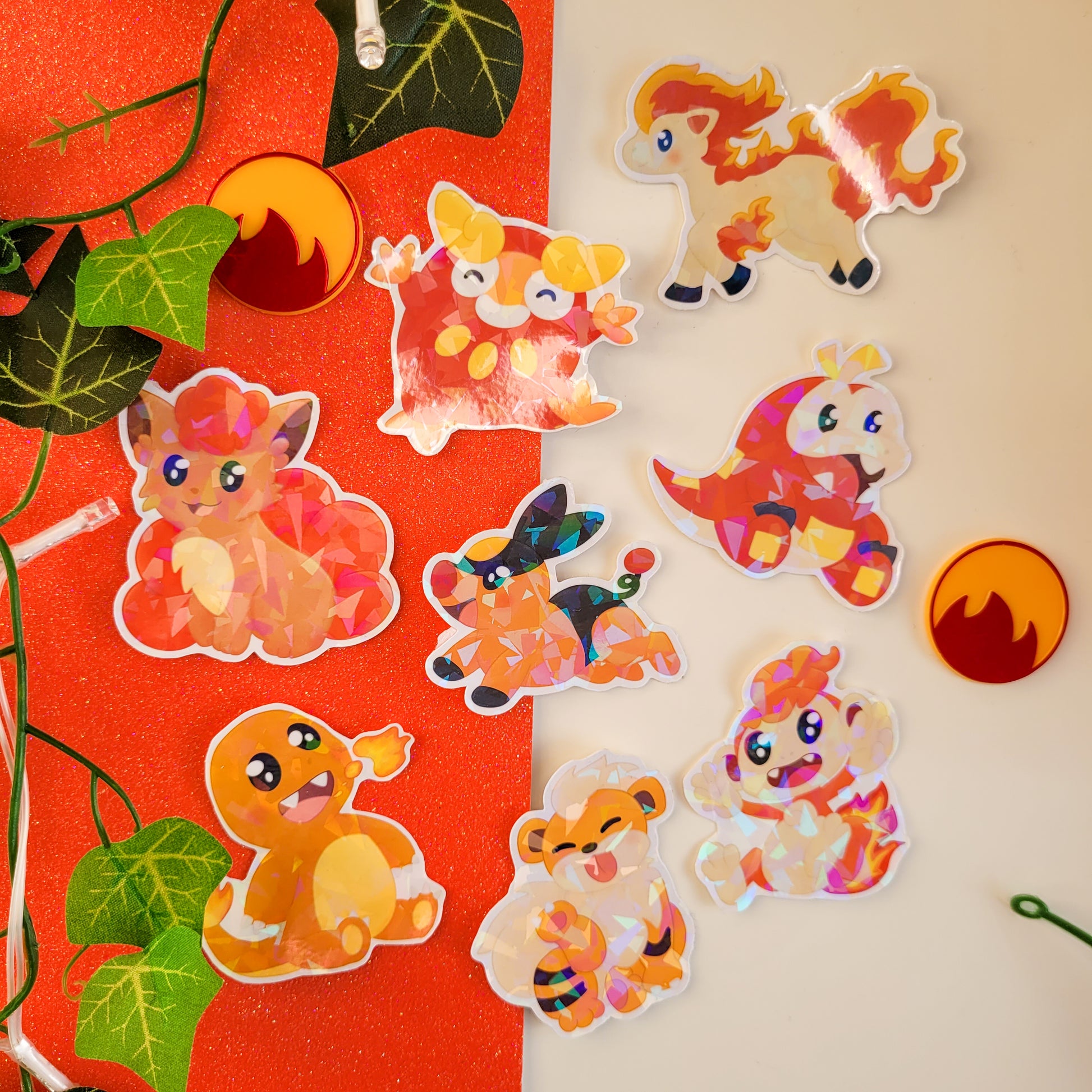 Holographic stickers of fire type pokemon featuring 8 different stickers