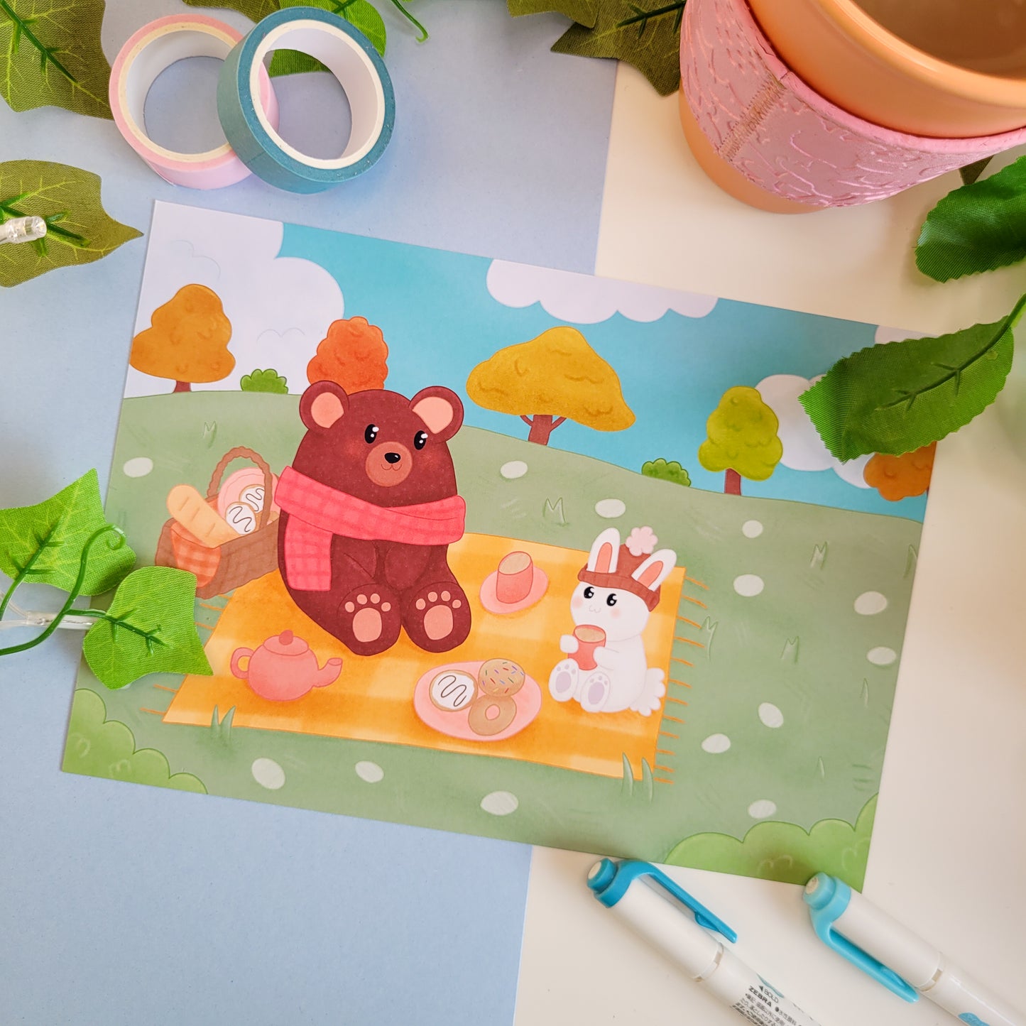 Adorable autumnal art print poster featuring a bear and a rabbit having a picnic