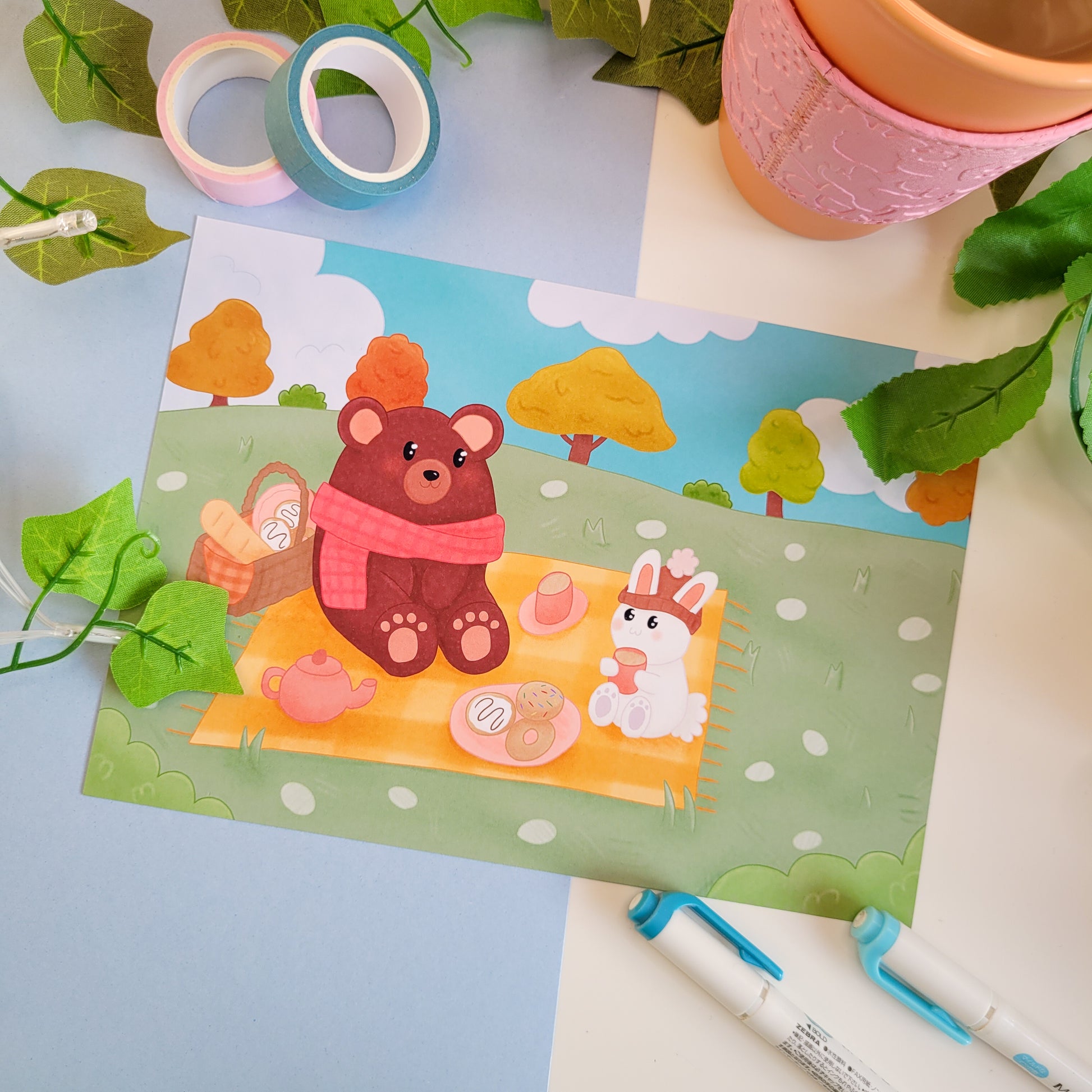 Adorable autumnal art print poster featuring a bear and a rabbit having a picnic