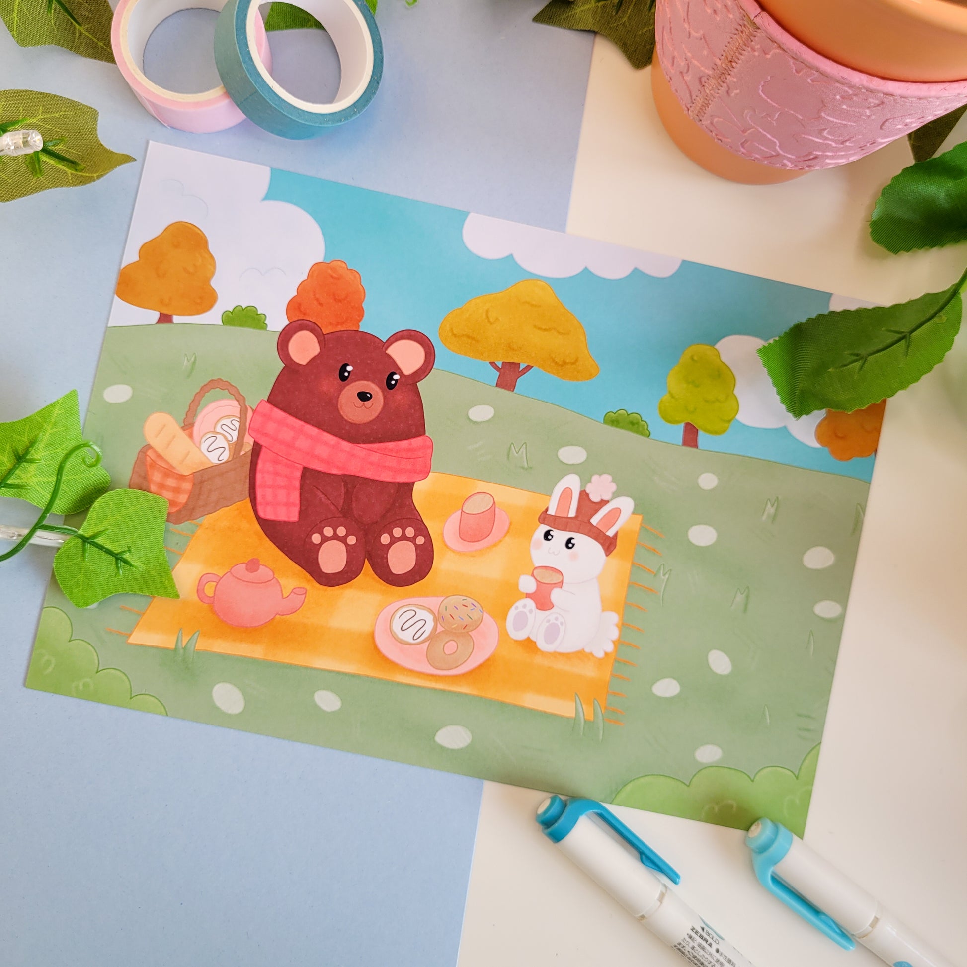 Adorable autumnal art print poster featuring a bear and a rabbit having a picnic