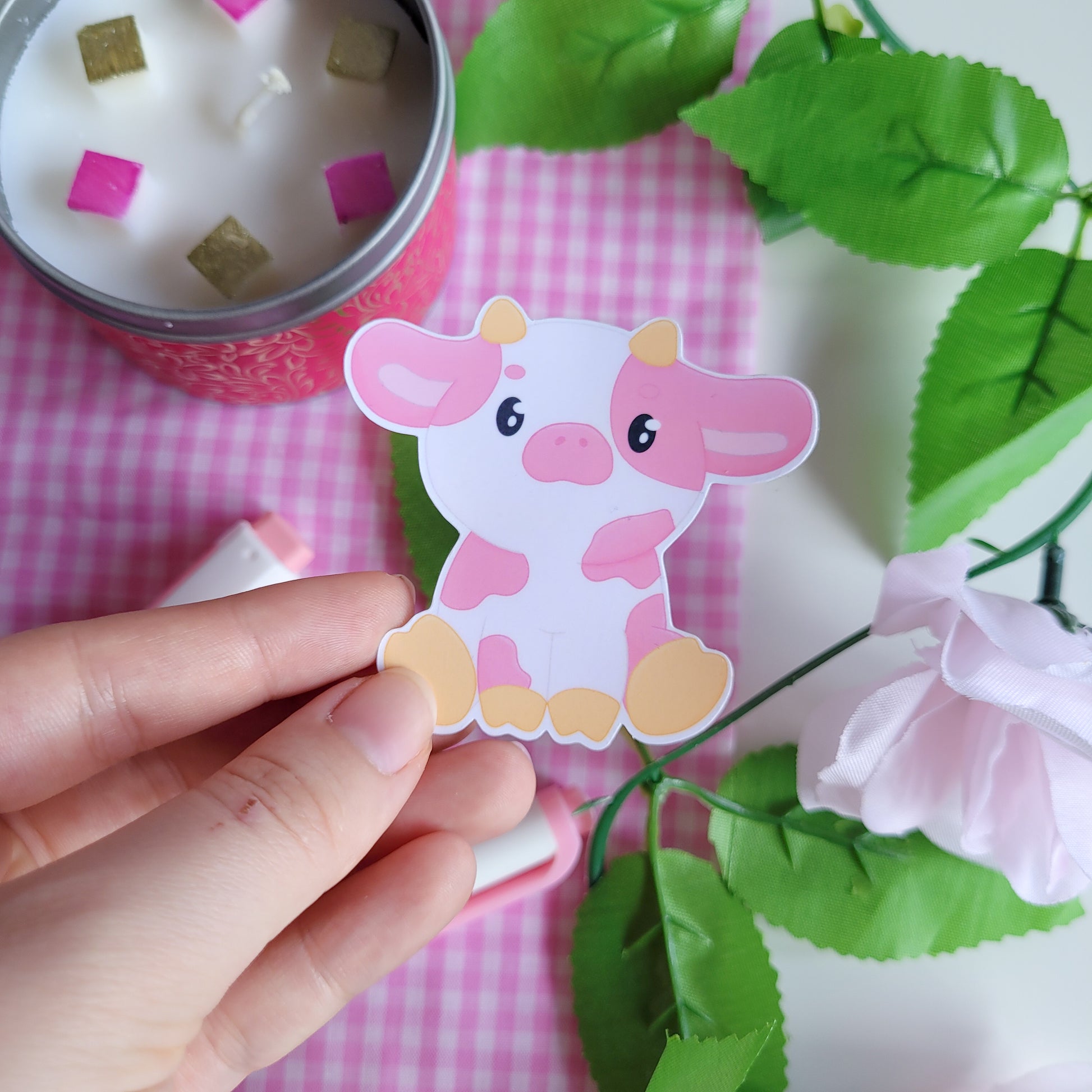 Cute pink strawberry cow sticker