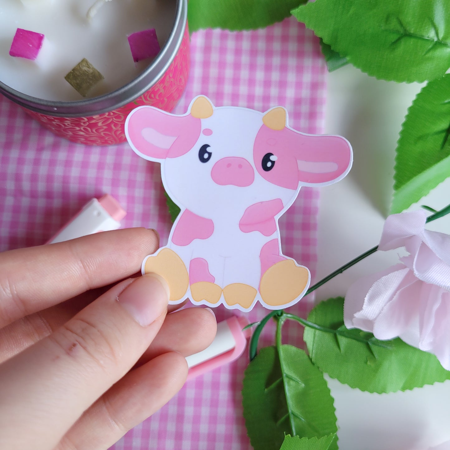 Cute pink strawberry cow sticker