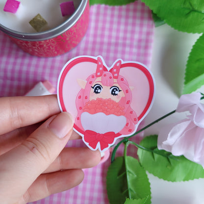 Adorable pink themed heart shape sticker featuring candygirl holding flowers