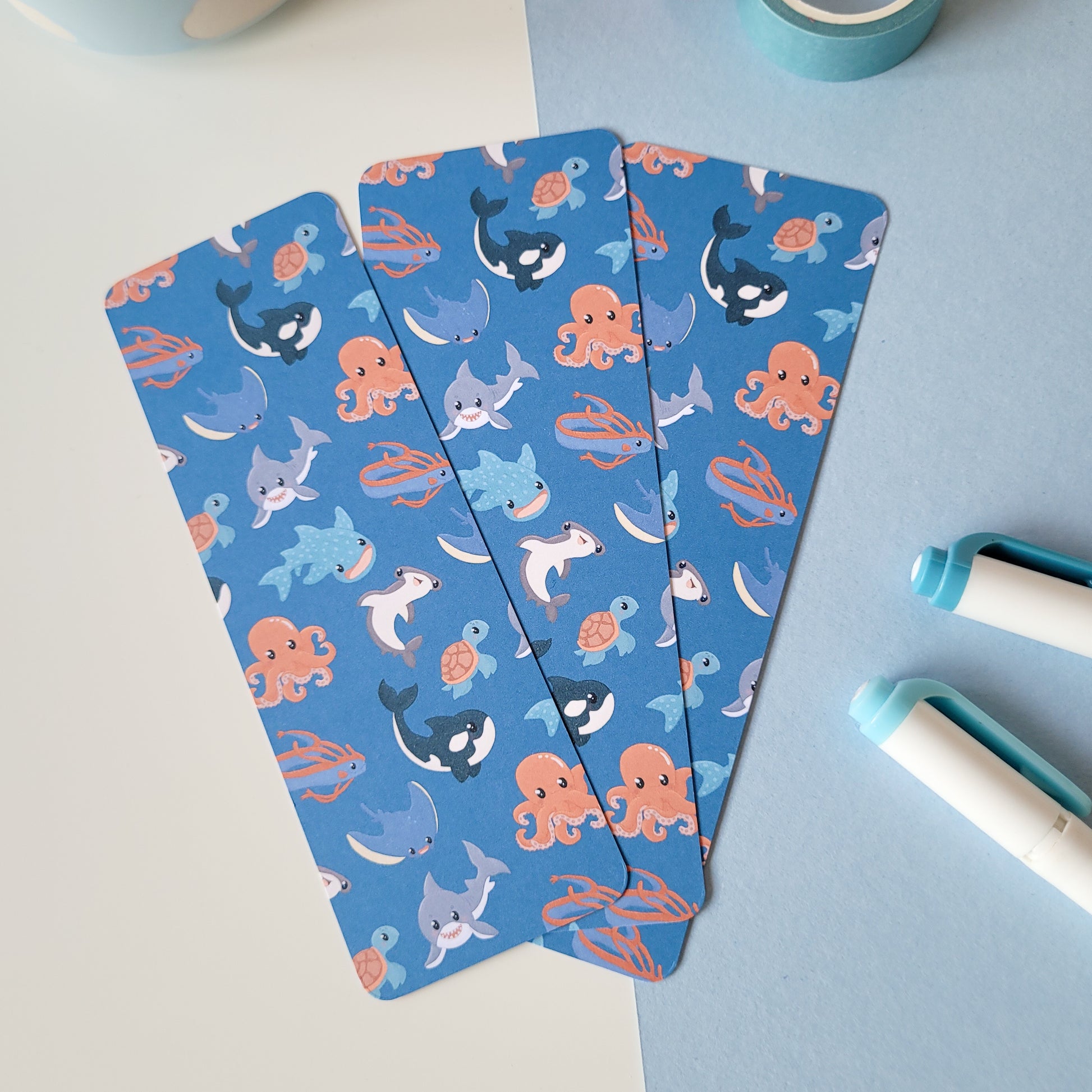 Underwater theme bookmark featuring sharks, wales, octopus and more