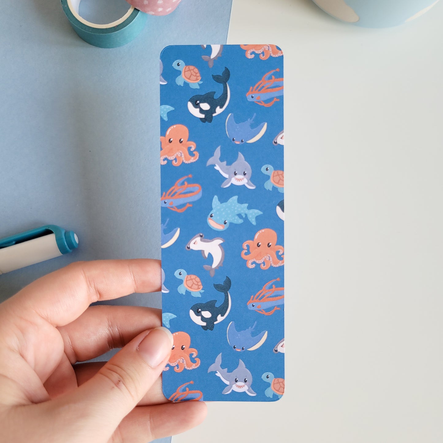 Underwater theme bookmark featuring sharks, wales, octopus and more