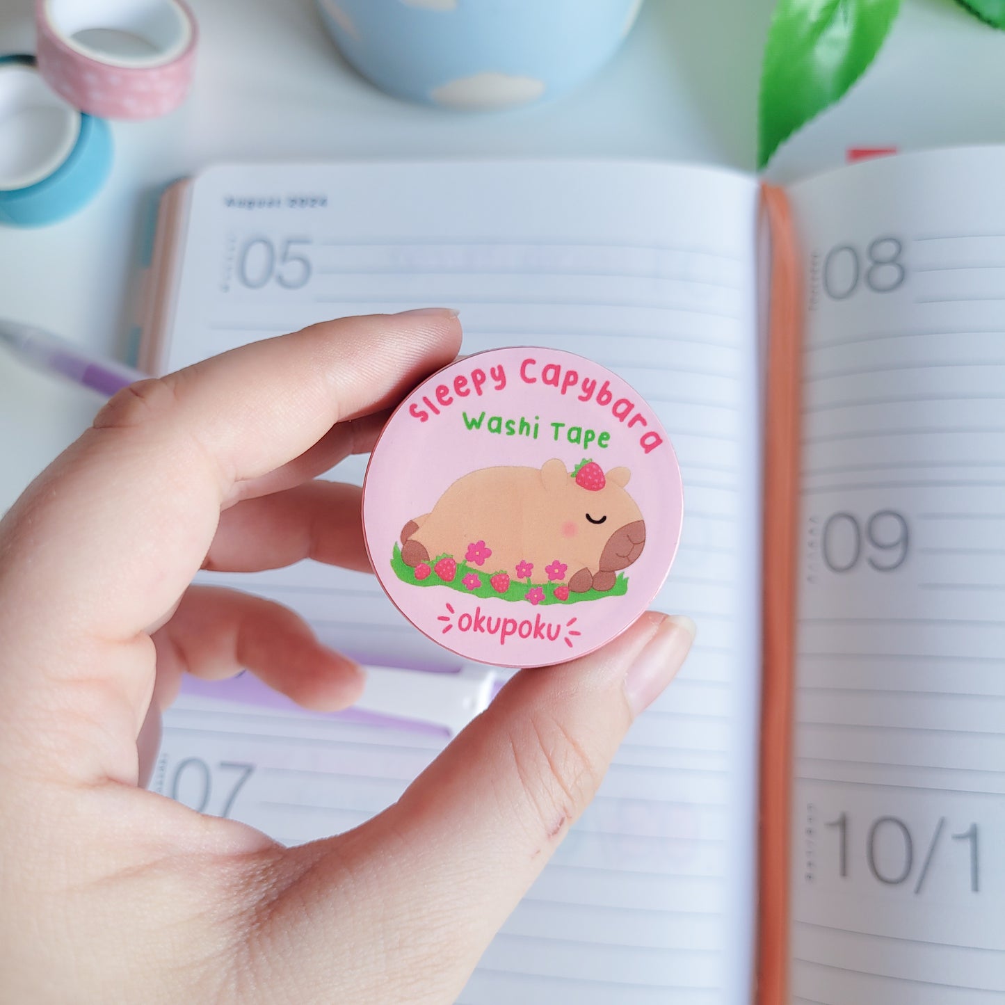 Cute sleeping capybara washi tape for planning and journalling