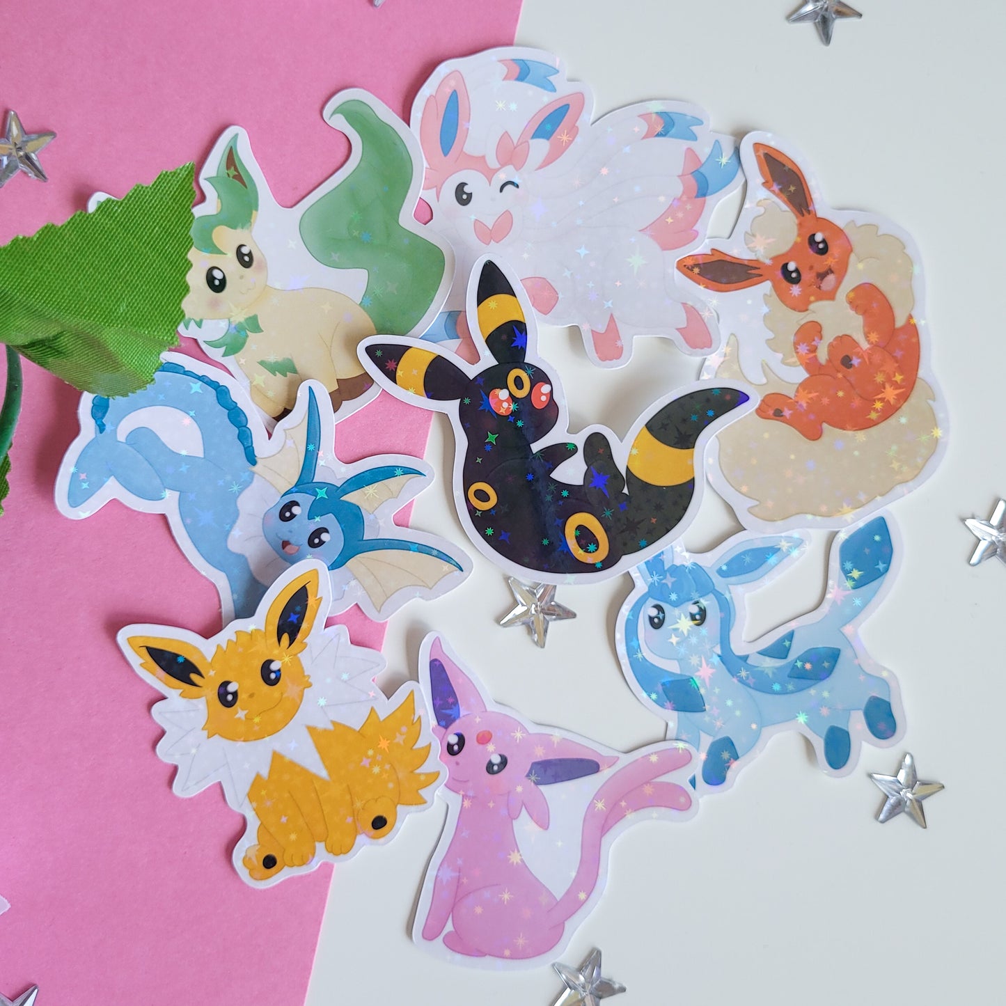 cute hologrpahic eeveelution pokemon stickers featuring 8 stickers