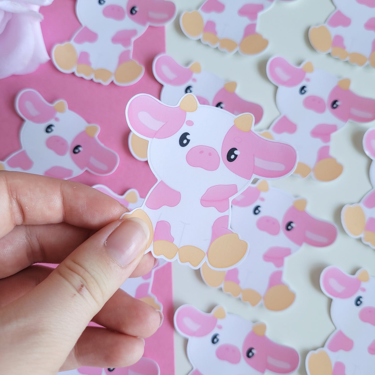 Cute pink strawberry cow sticker