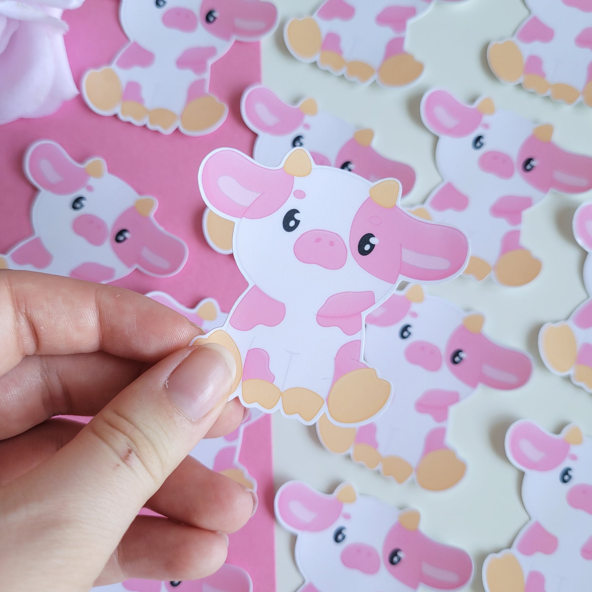 Cute pink strawberry cow sticker