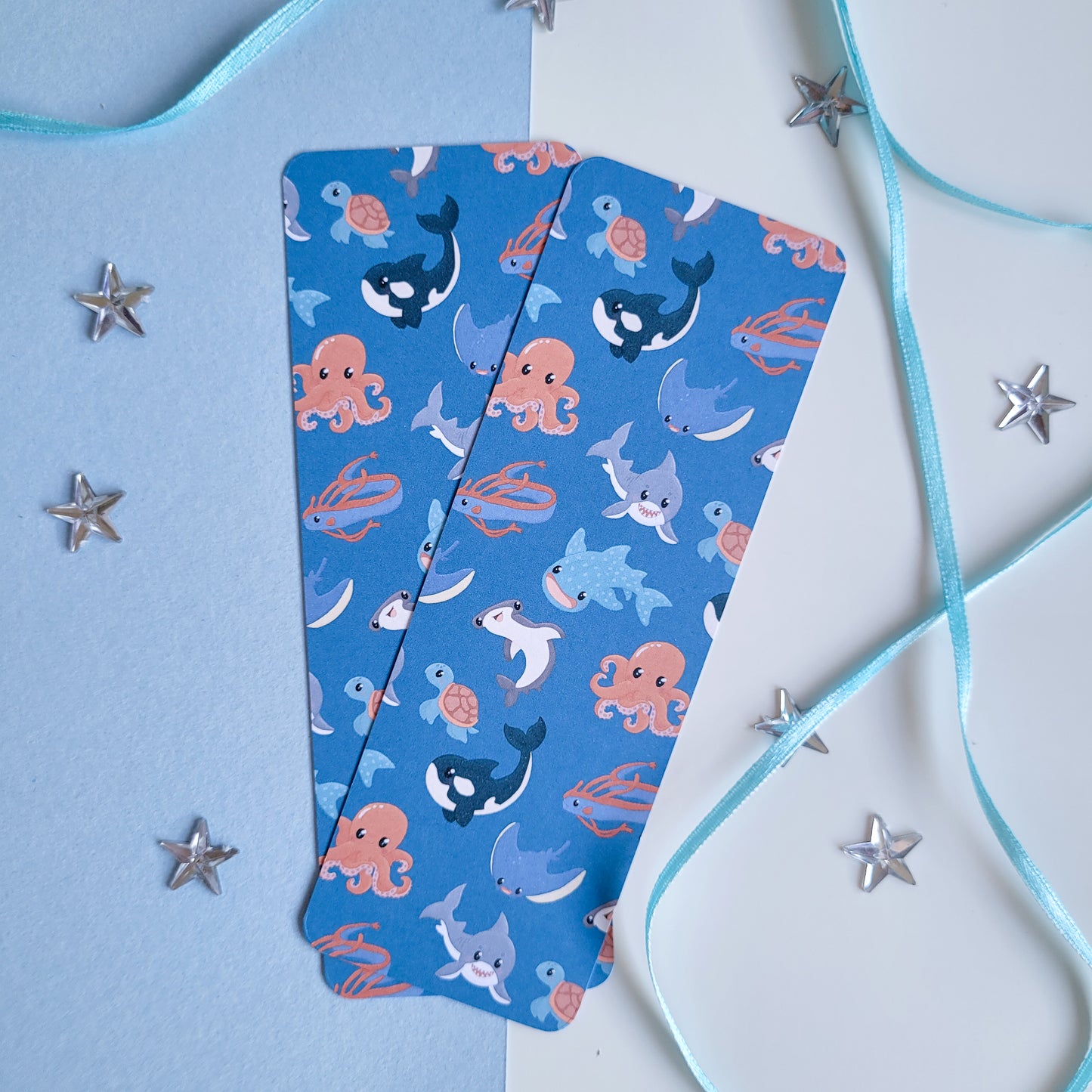 Underwater theme bookmark featuring sharks, wales, octopus and more