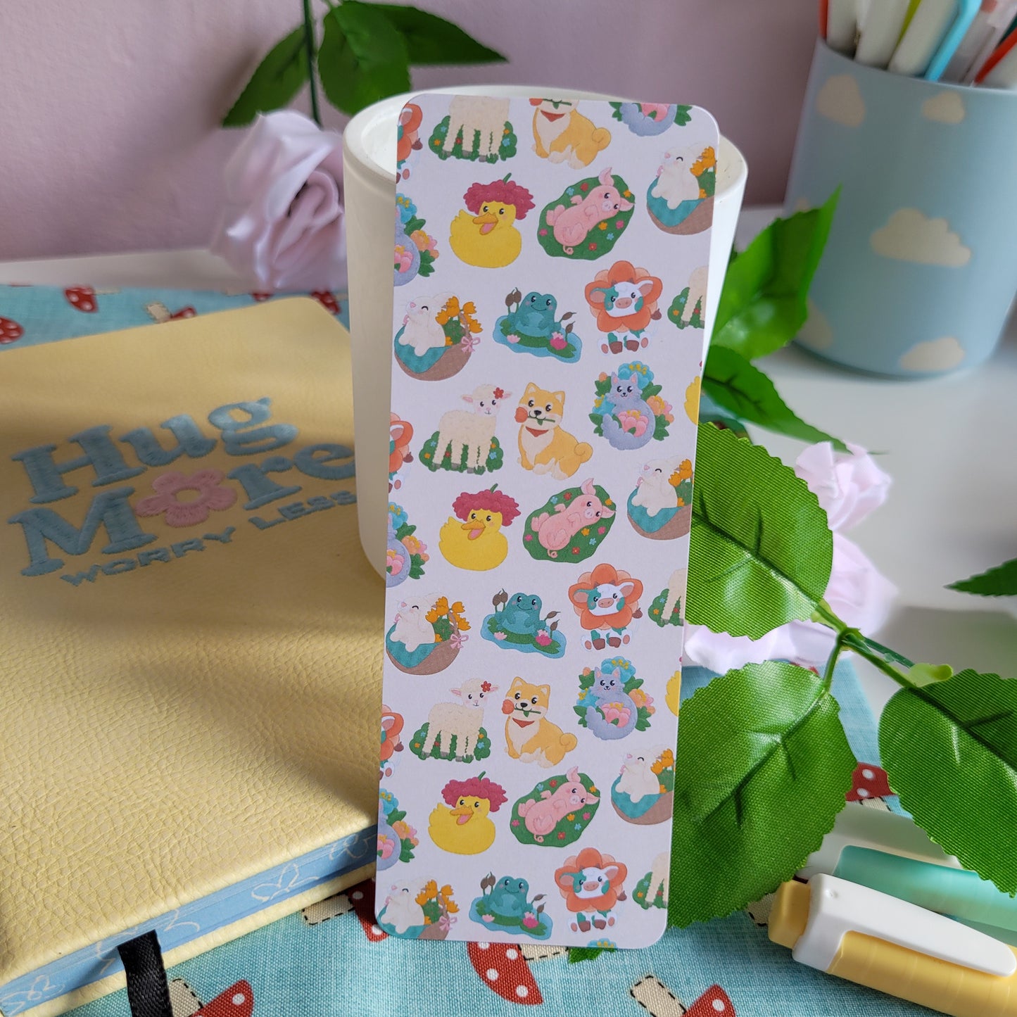 Cute Spring themed animal bookmark featuring a duck, pig, shiba inu, lamb, cat, cow, bunny and frog