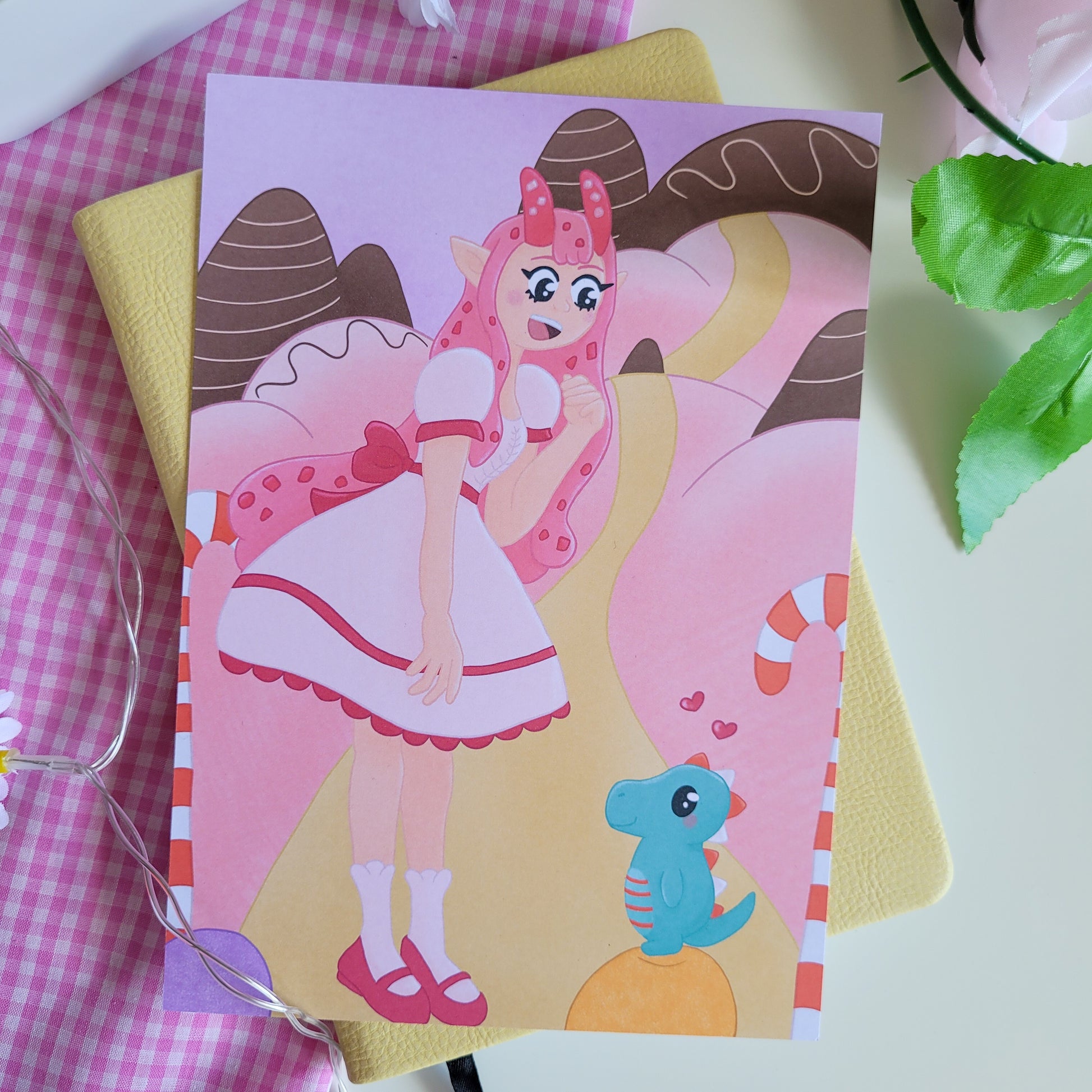 Pink candy themed art print poster featuring candygirl and her dinosaur trevor