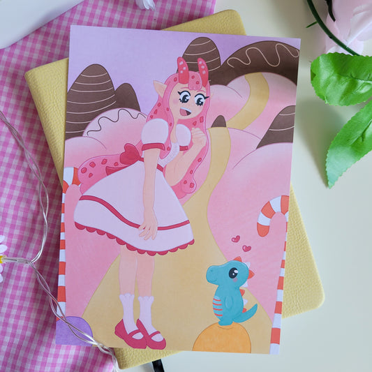 Pink candy themed art print poster featuring candygirl and her dinosaur trevor