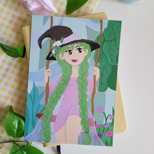 Art print of a witch character sat on a swing in a magical garden