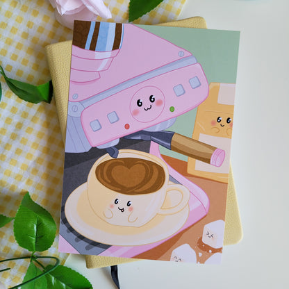 cute art poster print of a coffee machine and happy coffee mug