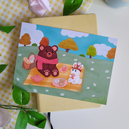 Adorable autumnal art print poster featuring a bear and a rabbit having a picnic