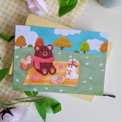 Adorable autumnal art print poster featuring a bear and a rabbit having a picnic