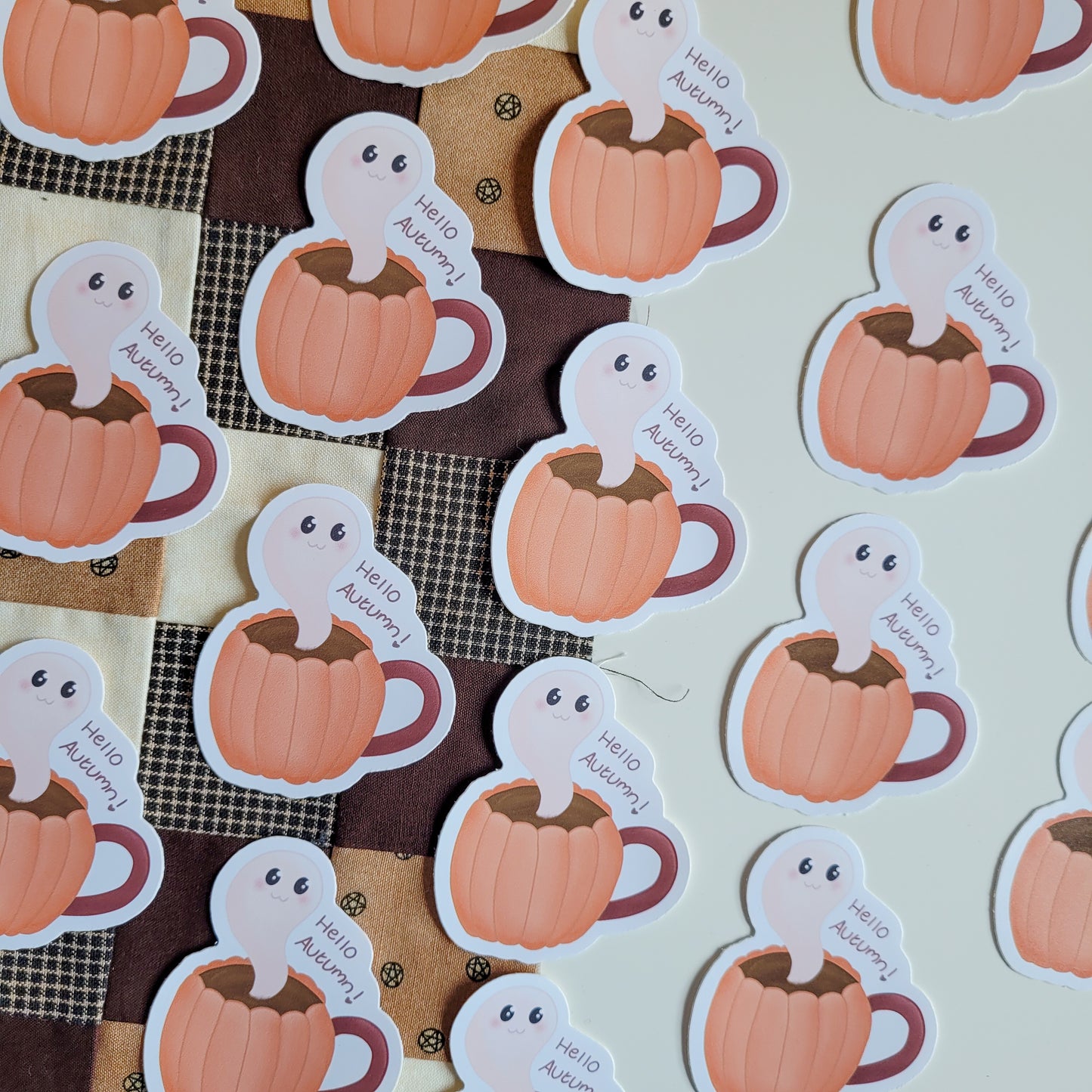 Cute ghost stickers featuring the text hello autumn