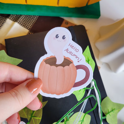 Cute ghost stickers featuring the text hello autumn