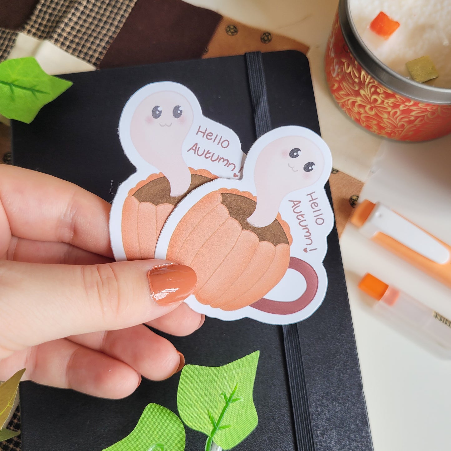 Cute ghost stickers featuring the text hello autumn