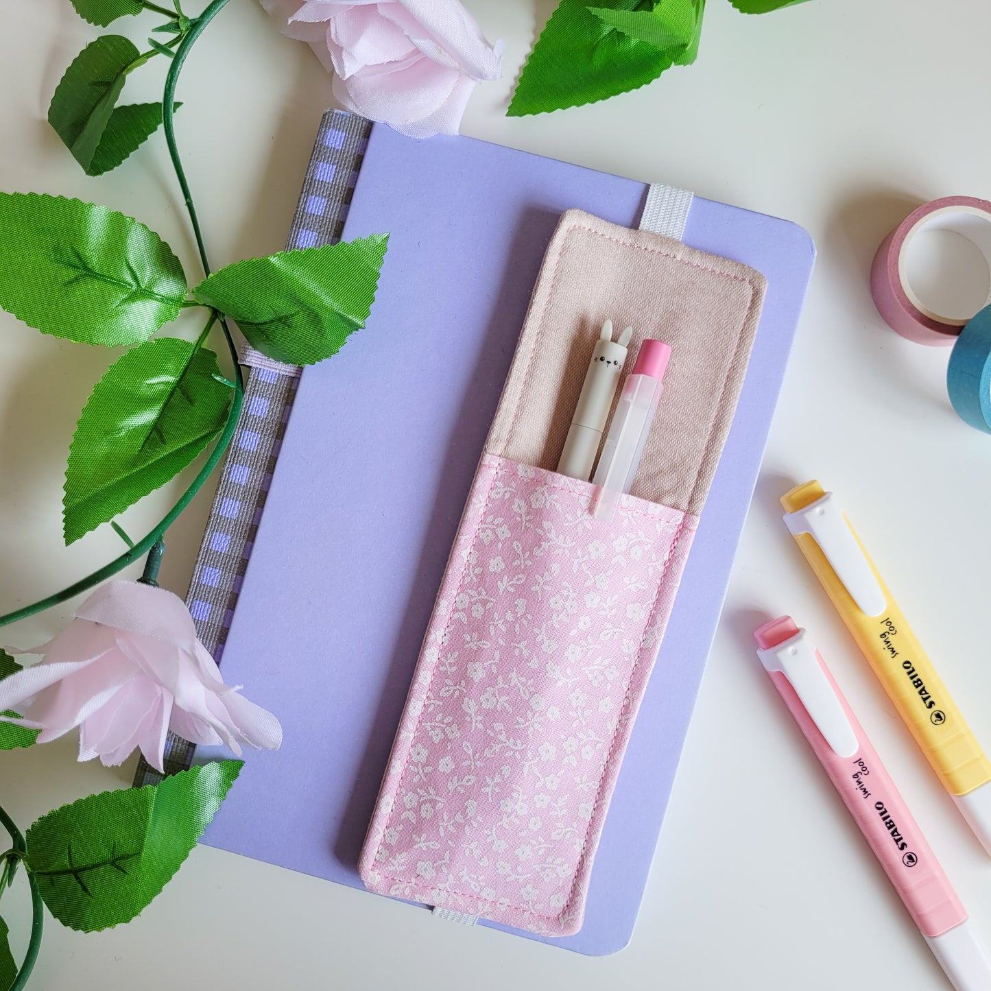 Pink Flowers Fabric Pen Holder Elasticated Bookmark