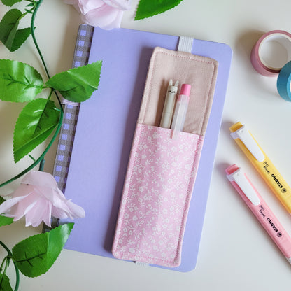 Pink Flowers Fabric Pen Holder Elasticated Bookmark