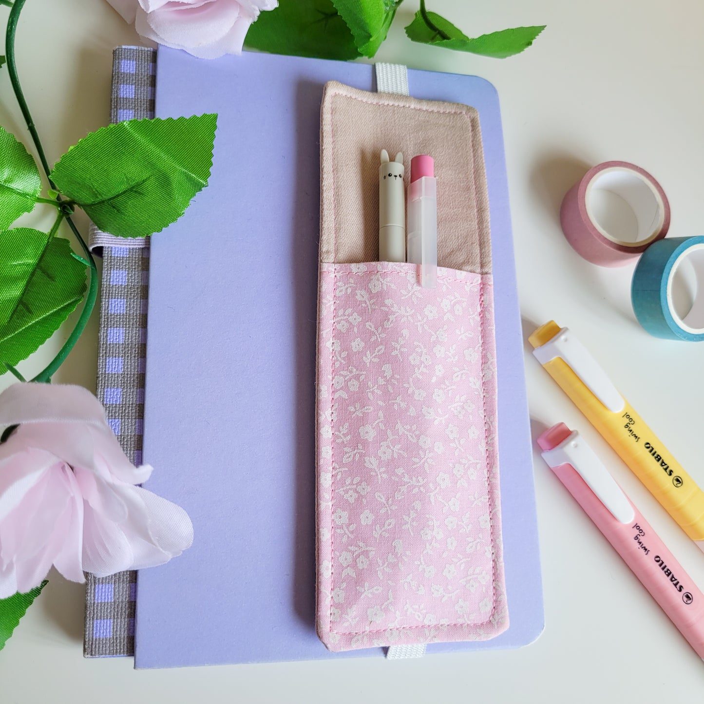 Pink Flowers Fabric Pen Holder Elasticated Bookmark