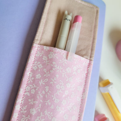 Pink Flowers Fabric Pen Holder Elasticated Bookmark