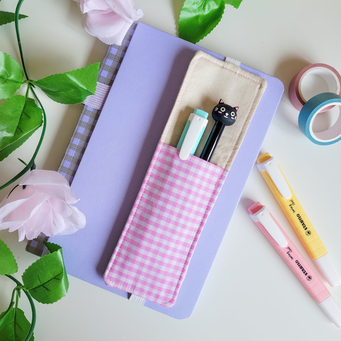 Pink Checkered Fabric Pen Holder Elasticated Bookmark