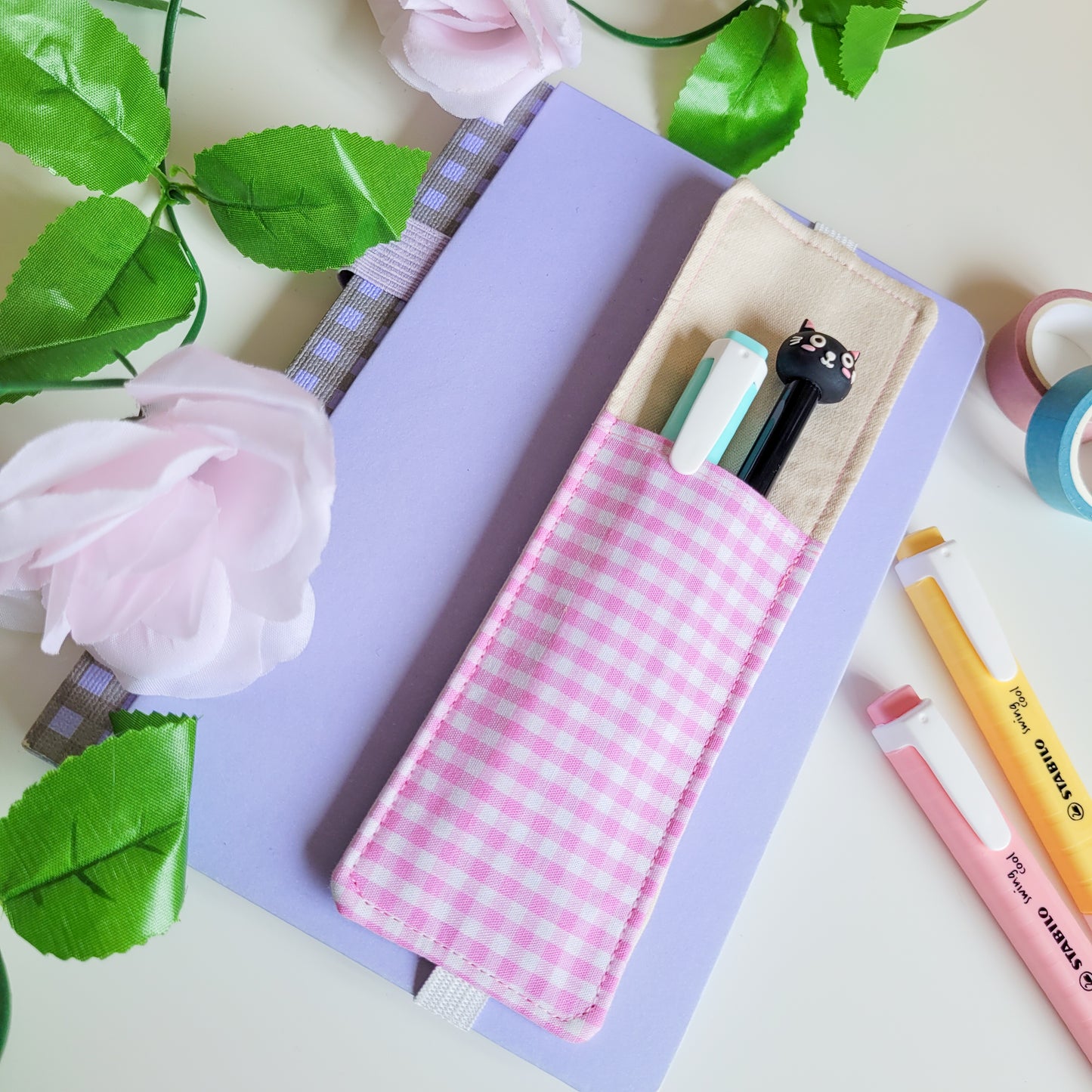 Pink Checkered Fabric Pen Holder Elasticated Bookmark