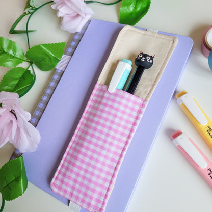 Pink Checkered Fabric Pen Holder Elasticated Bookmark