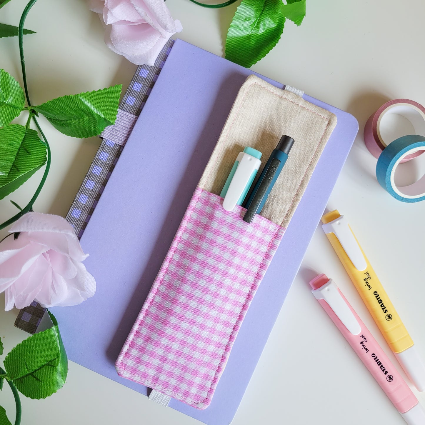 Pink Checkered Fabric Pen Holder Elasticated Bookmark