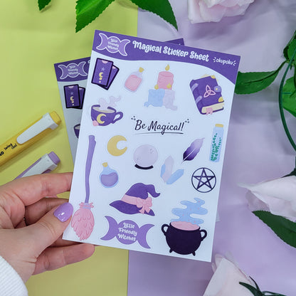 Magical themed stickersheet featuring witchy items. Cute planner sticker sheet for journalling