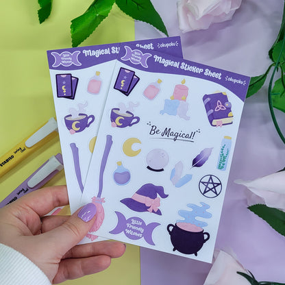 Magical themed stickersheet featuring witchy items. Cute planner sticker sheet for journalling