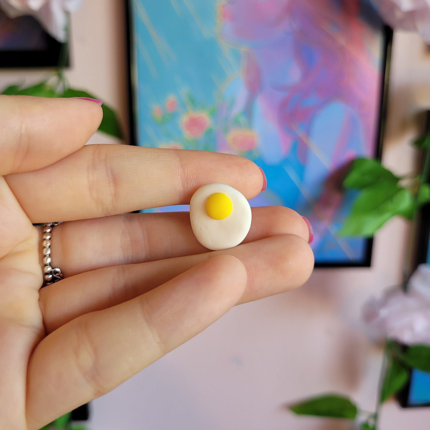 Cute and unique fried egg pin badge made out of polymer clay