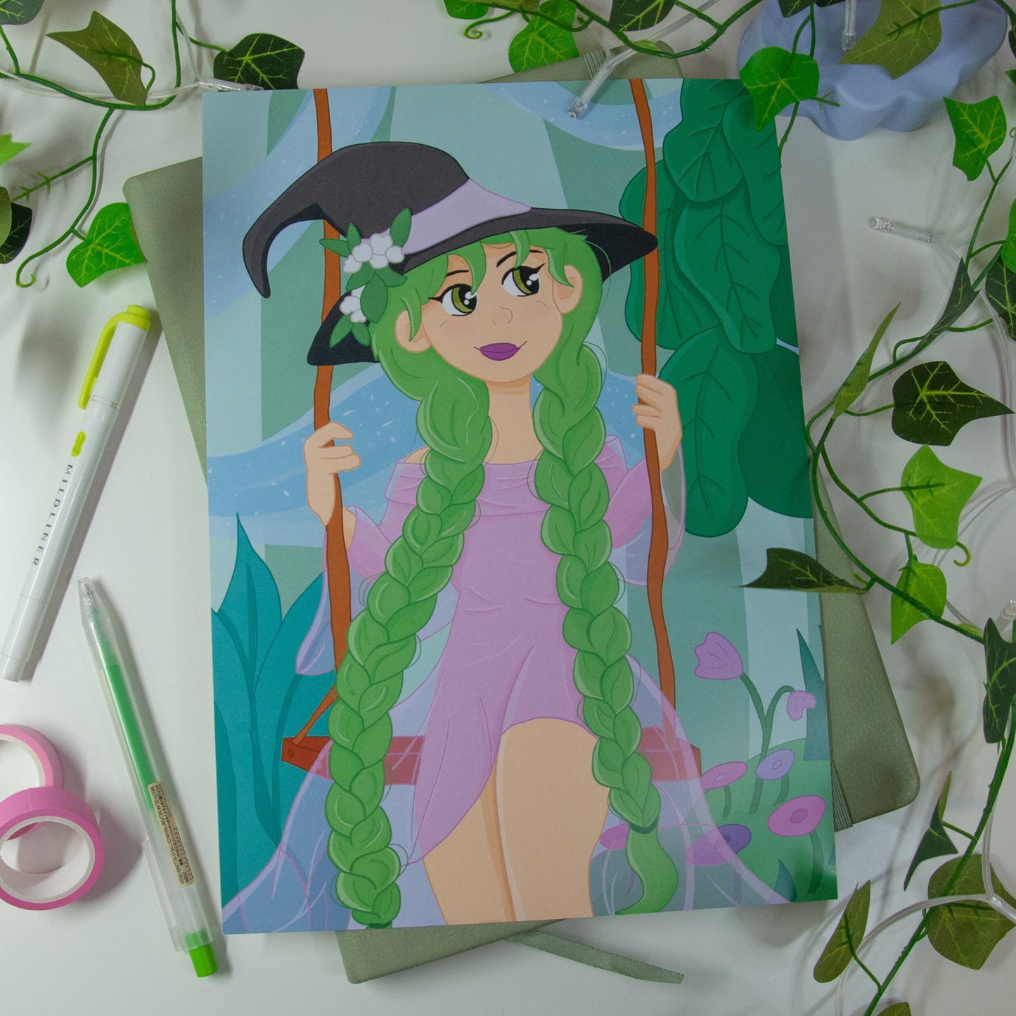 Art print of a witch character sat on a swing in a magical garden