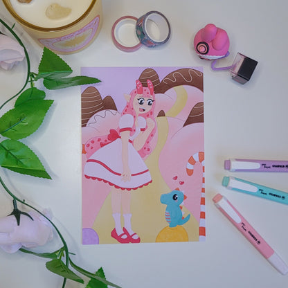 Pink candy themed art print poster featuring candygirl and her dinosaur trevor