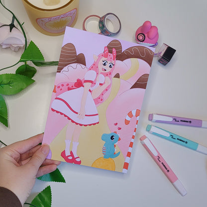 Pink candy themed art print poster featuring candygirl and her dinosaur trevor