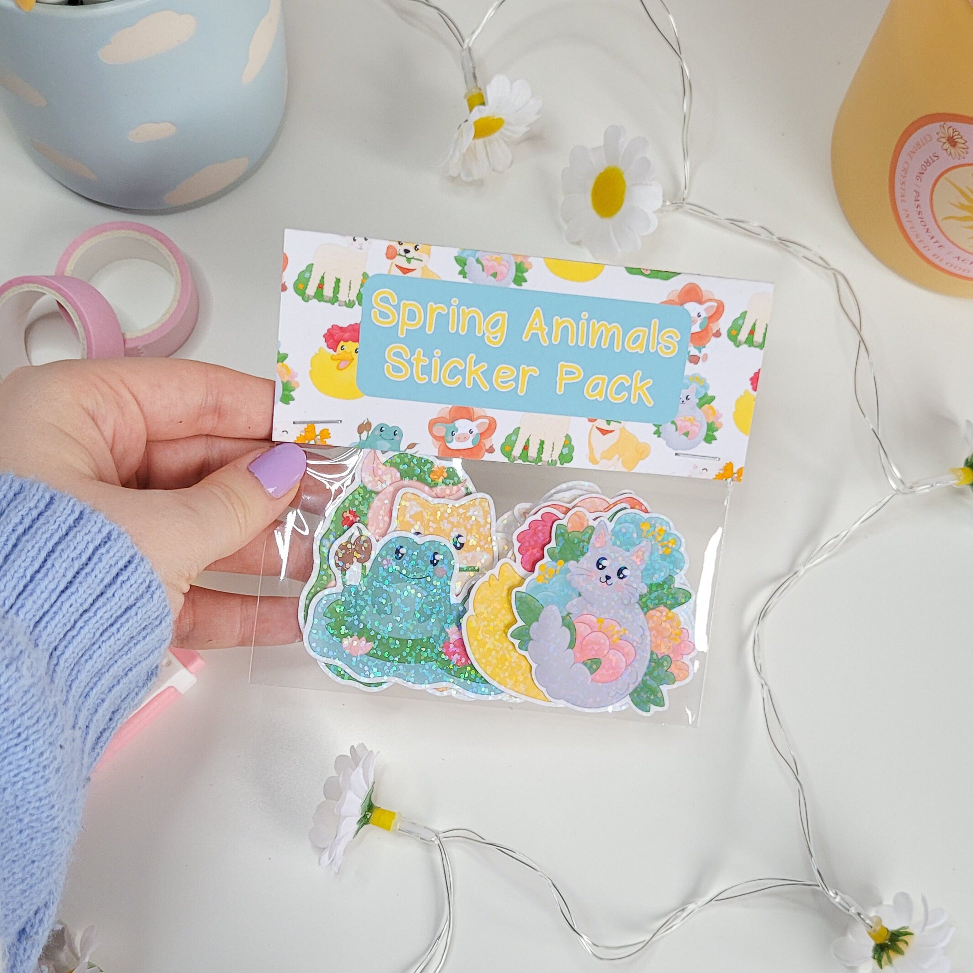 Cute holographic sticker of spring animals featuring 8 different stickers