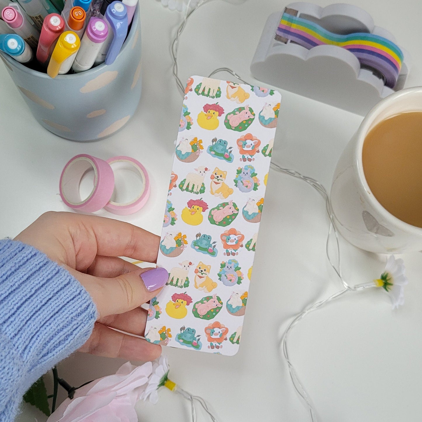 Cute Spring themed animal bookmark featuring a duck, pig, shiba inu, lamb, cat, cow, bunny and frog