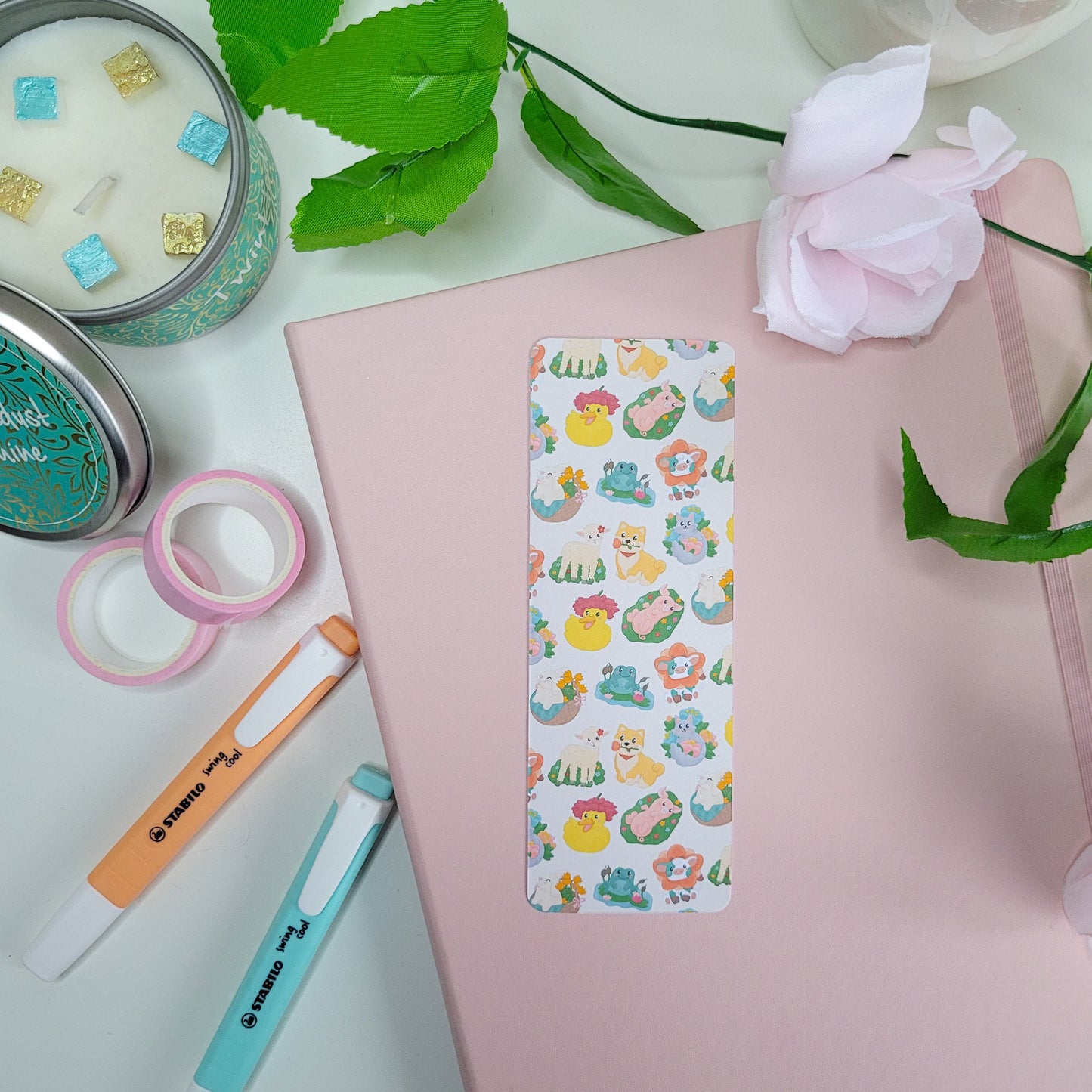 Cute Spring themed animal bookmark featuring a duck, pig, shiba inu, lamb, cat, cow, bunny and frog